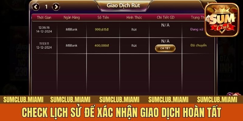 Check lịch sử giao dịch để xác nhận hoàn tất