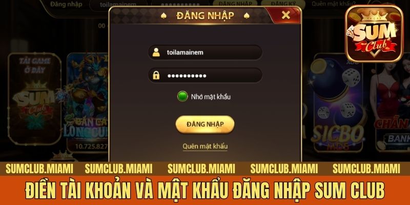 Điền tài khoản và mật khẩu đăng nhập Sum Club
